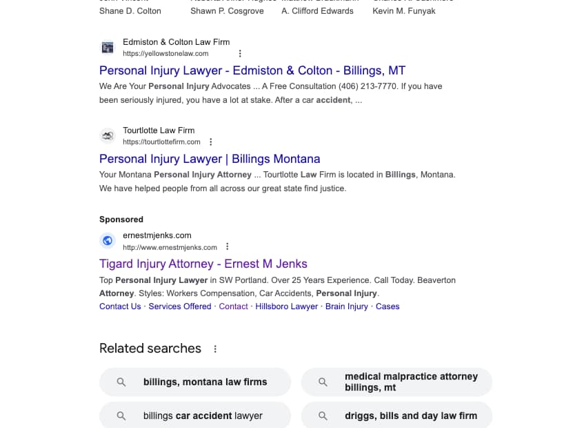 Ernest M. Jenks, an Oregon based personal injury law firm, has ads showing for irrelevant searches. Pictured is their ad for the search "PI Lawyer Billings".