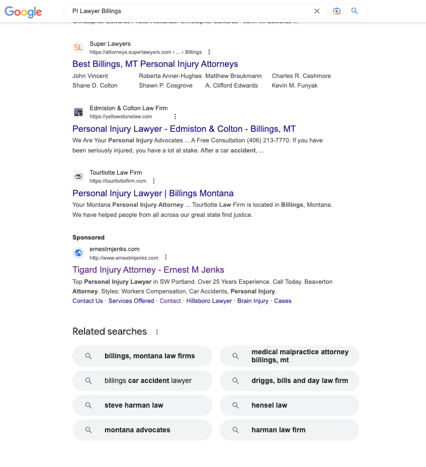 Ernest M. Jenks, an Oregon based personal injury law firm, has ads showing for irrelevant searches. Pictured is their ad for the search "PI Lawyer Billings".