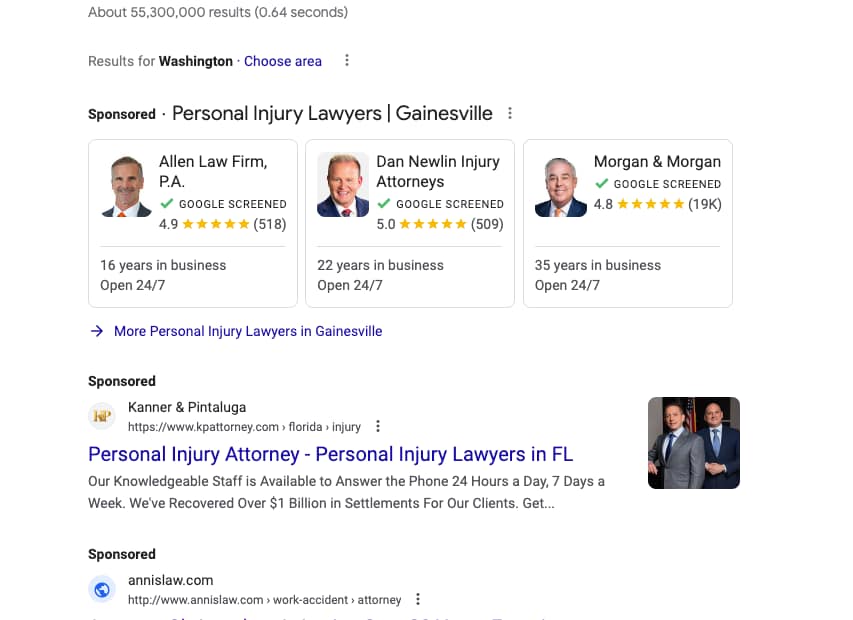 Law Office of Christopher J. Annis, a Florida based personal injury and workers compensation law firm, has ads showing for irrelevant searches. Pictured is their ad for the search "Personal Injury Lawyer Washington".
