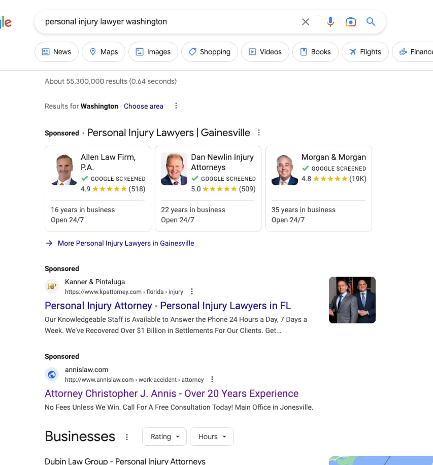 Law Office of Christopher J. Annis, a Florida based personal injury and workers compensation law firm, has ads showing for irrelevant searches. Pictured is their ad for the search "Personal Injury Lawyer Washington".