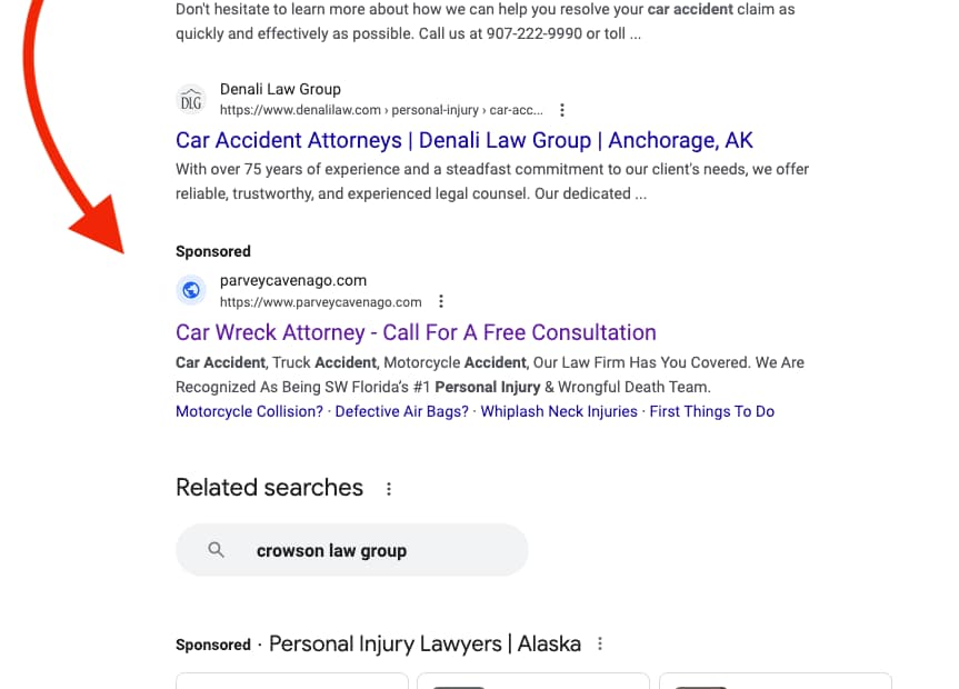 Parvey & Cavenago, a Florida based personal injury law firm, has ads showing for irrelevant searches. Pictured is their ad for the search "Alaska Car Accident Lawyer".