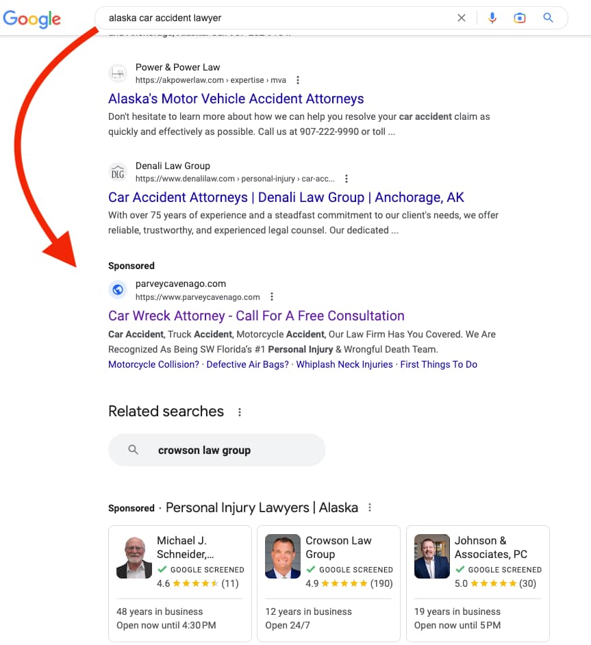 Parvey & Cavenago, a Florida based personal injury law firm, has ads showing for irrelevant searches. Pictured is their ad for the search "Alaska Car Accident Lawyer".