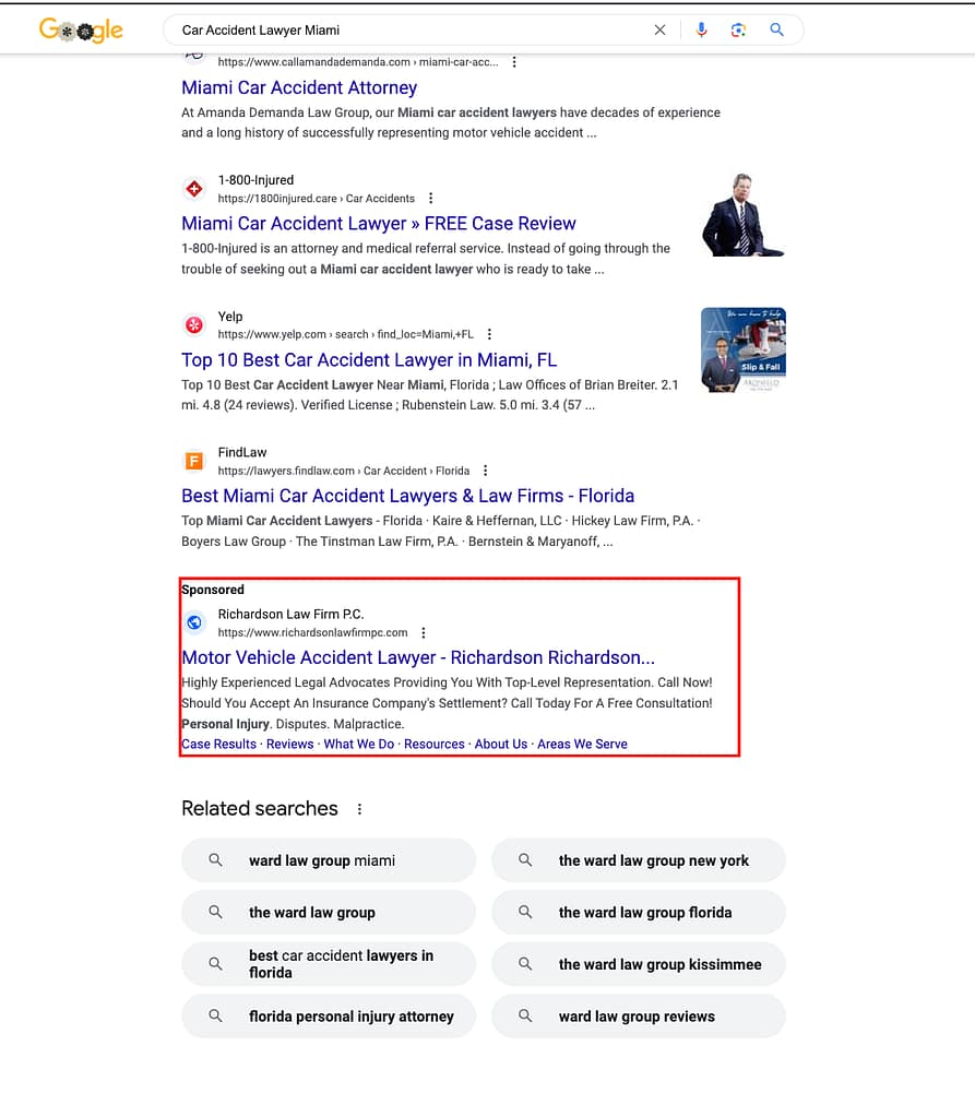 Richardson Richardson Boudreaux, an Oklahoma based law firm, is serving ads for "Car Accident Lawyer Miami". The firm is not licensed in FL