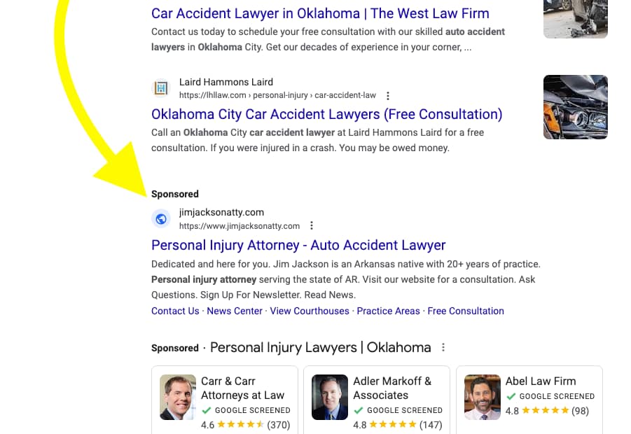 Jackson Law Firm, an Arkansas based personal injury law firm, has ads showing for irrelevant searches. Pictured is their ad for the search "Car Accident Lawyer Oklahoma".