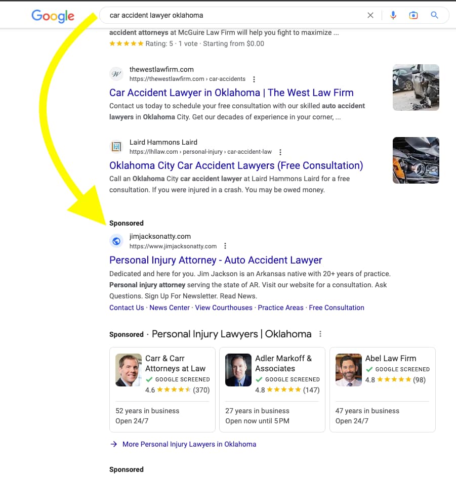Jackson Law Firm, an Arkansas based personal injury law firm, has ads showing for irrelevant searches. Pictured is their ad for the search "Car Accident Lawyer Oklahoma".