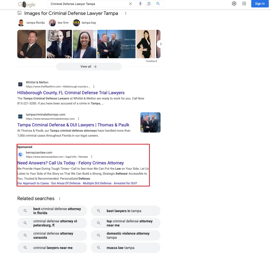 Bernazzani Law, a New Hampshire based law firm, has ads shwoing for irrelevant searches. Pictured is their ad for the search "Criminal Defense Lawyer Tampa".