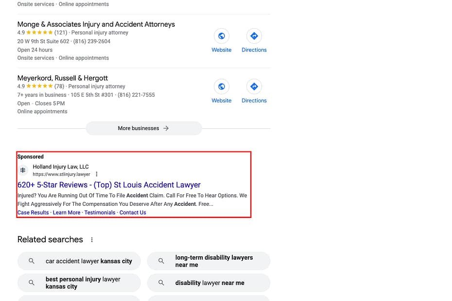 Holland Injury Law, a St. Louis based personal injury law firm, has ads showing for irrelevant searches. Pictured is their ad for the search "Car Accident Lawyer Disbarred".