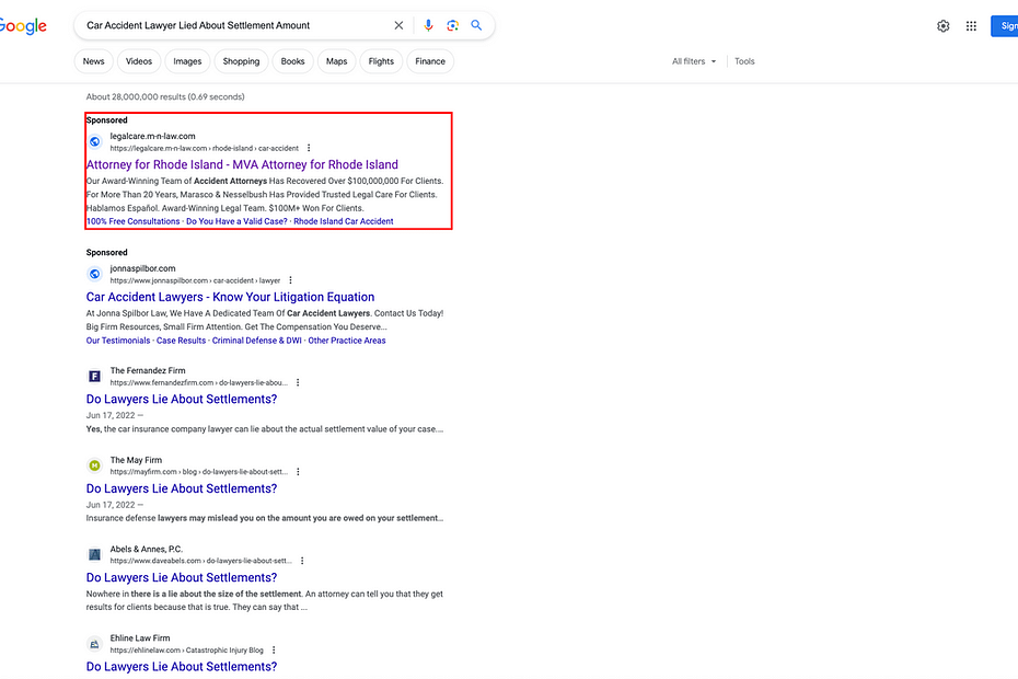 Marasco & Nesselbush, a Rhode Island based injury law firm, has ads showing for irrelevant searches. Pictured is their ad for the search "Car Accident Lawyer Lied About Settlement Amount".