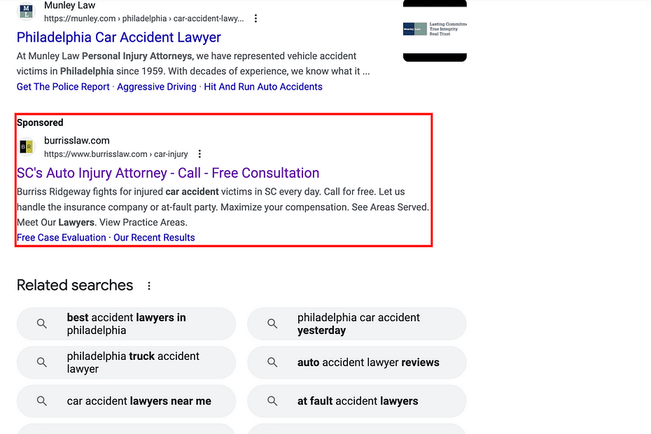 Burriss & Ridgeway is a law firm serving the people of South Carolina. However, their ad appears in a search for car accident lawyers in Philadelphia.