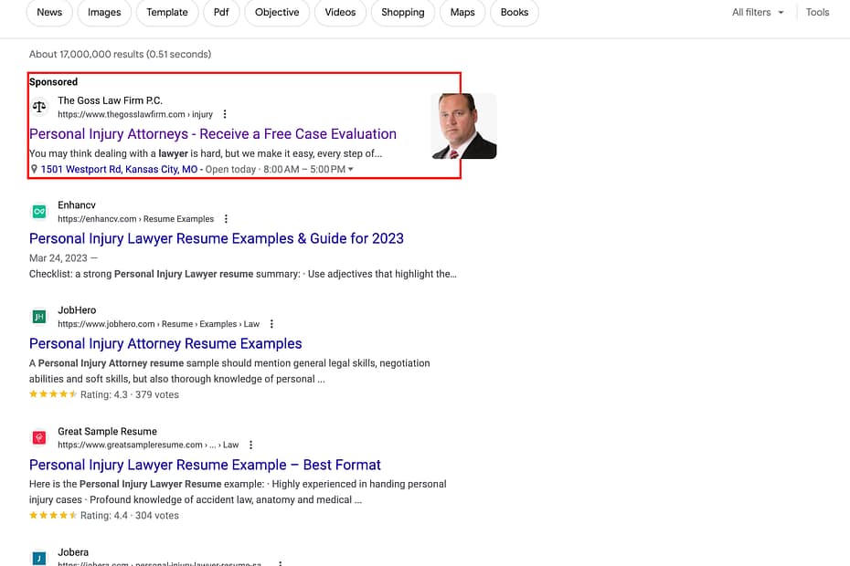 The Goss Law Firm, a Kansas City based personal injury law firm, has ads showing for irrelevant searches. Pictured is their ad for the search "Car Accident Lawyer Resume".