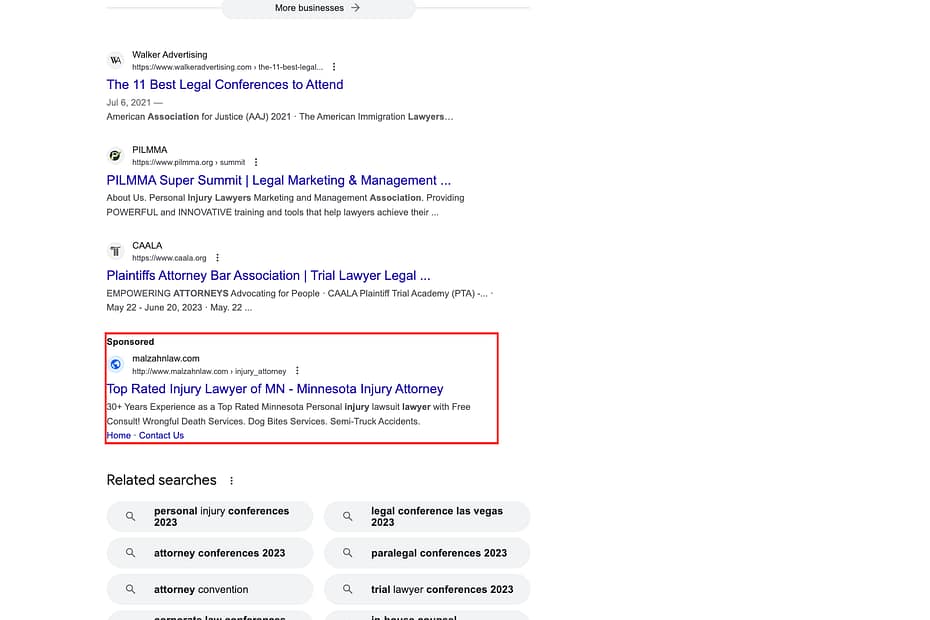 Malzahn Law, a Minnesota based personal injury law firm, has ads showing for irrelevant searches. Pictured is their ad for the search "Injury Lawyer Convention".