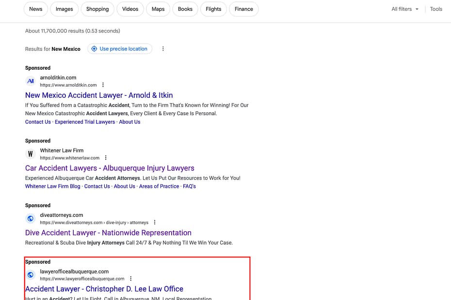 Law Office of Christopher D. Lee, a New Mexico based personal injury law firm, has ads showing for irrelevant searches. Pictured is their ad for the search "Accident Lawyer Convention".