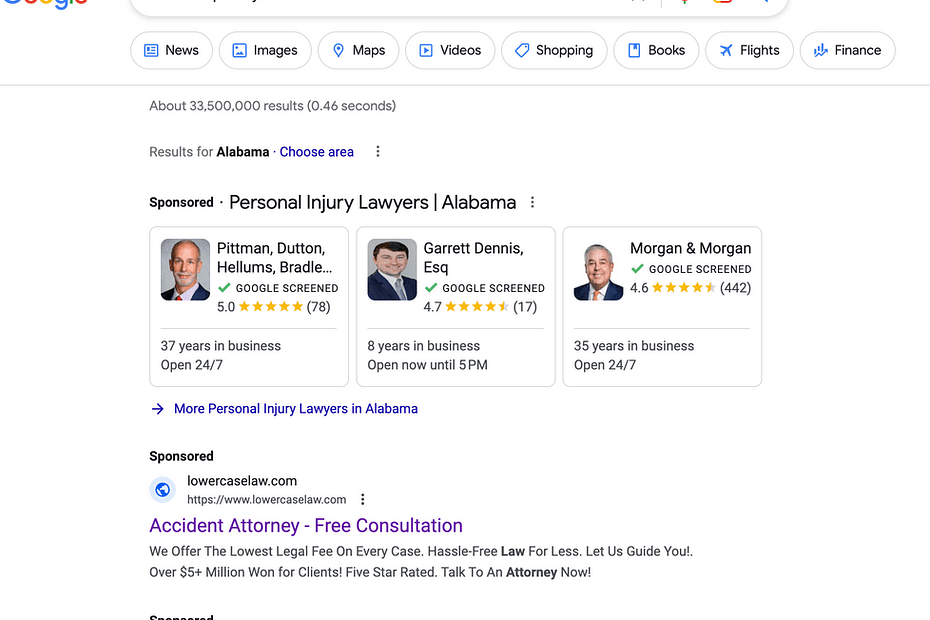 Lowercase, a Florida based personal injury law firm, has ads showing for irrelevant searches. Pictured is their ad for the search "Alabama PI Lawyer".