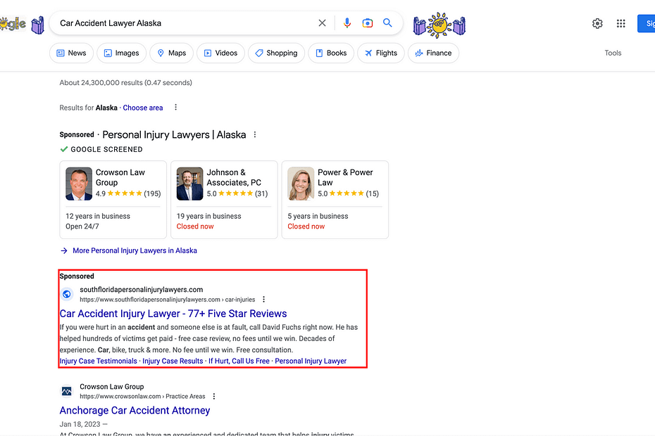 David I. Fuchs, a Florida based personal injury law firm, has ads showing for irrelevant searches. Pictured is their ad for the search "Car Accident Lawyer Alaska".