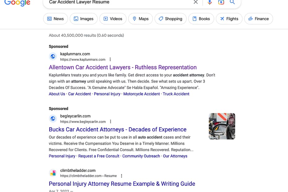 KaplunMarx, a Pennsylvania based personal injury law firm, has ads showing for irrelevant searches. Pictured is their ad for the search "Car Accident Lawyer Resume".