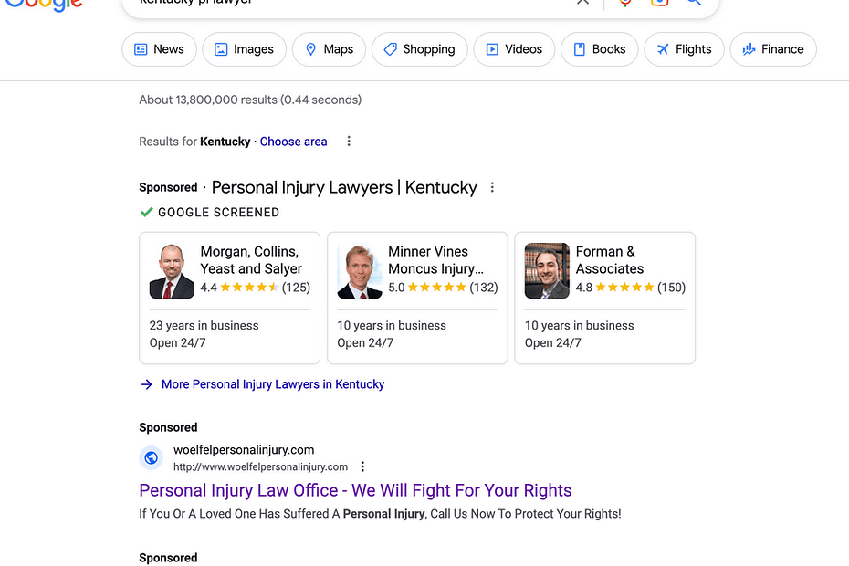 Woelfel & Woelfel, a West Virginia based personal injury law firm, has ads showing for irrelevant searches. Pictured is their ad for the search “Kentucky PI Lawyer”.