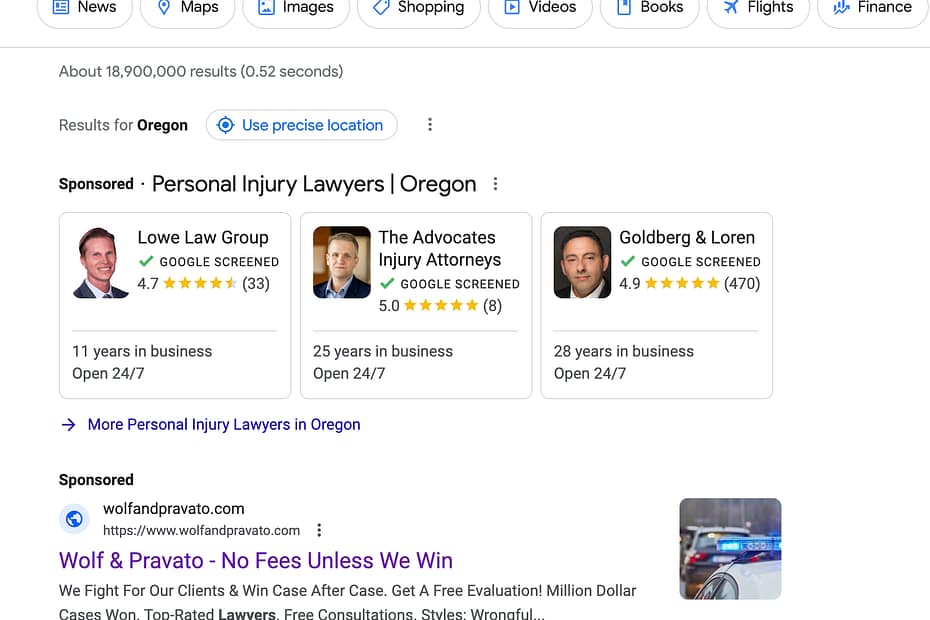 Wolf & Pravato, a Florida based personal injury law firm, has ads showing for irrelevant searches. Pictured is their ad for the search "Oregon Personal Injury Lawyer".