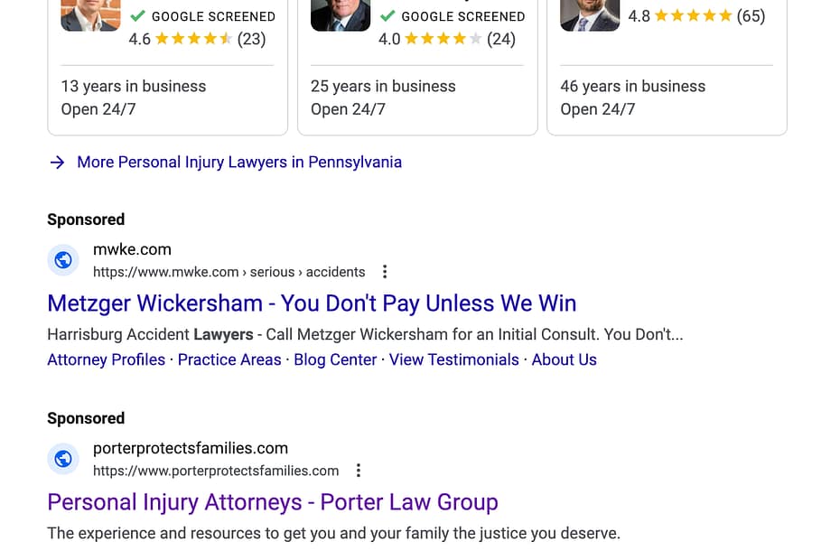 Porter Law Group, a New York based personal injury law firm, has ads showing for irrelevant searches. Pictured is their ad for the search "Pennsylvania Personal Injury Law".