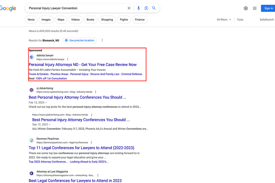 Pagel Hager Law Firm, a North Dakota based personal injury law firm, has ads showing for irrelevant searches. Pictured is their ad for the search “Personal Injury Lawyer Convention”.