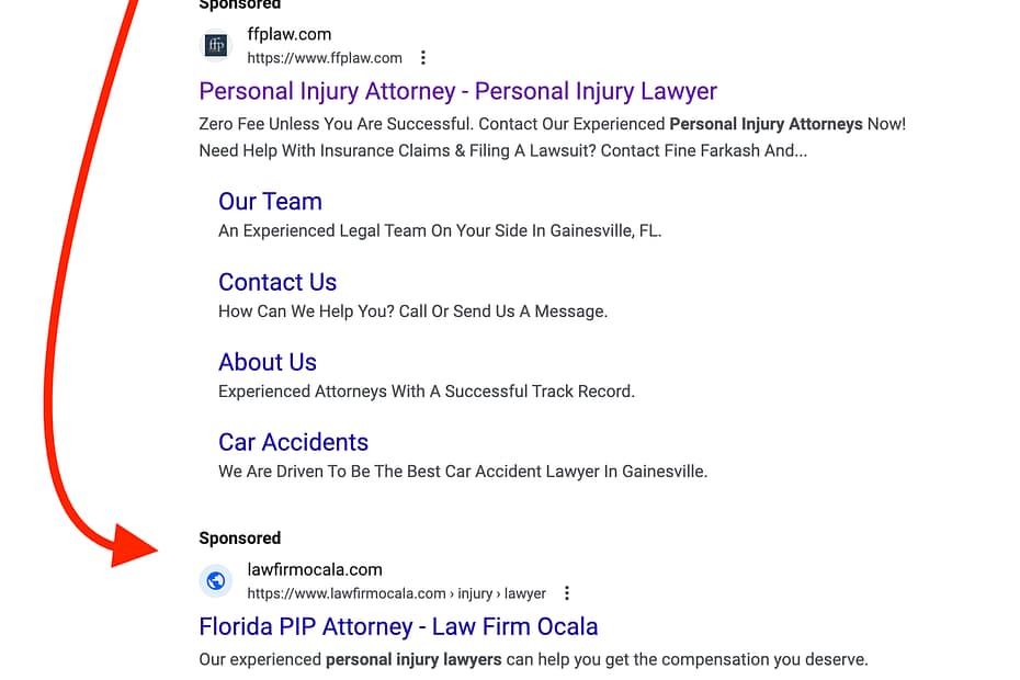 Law Firm Ocala, a Florida based personal injury law firm, has ads showing for irrelevant searches. Pictured is their ad for the search "Personal Injury Lawyer Convention".