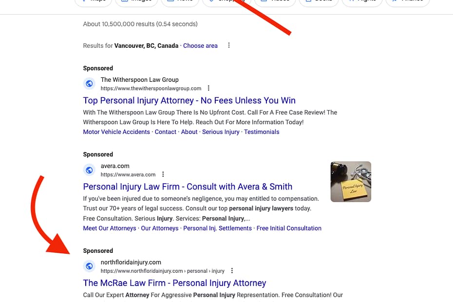 The McRae Law Firm, a Florida based personal injury law firm, has ads showing for irrelevant searches. Pictured is their ad for the search "Personal Injury Lawyer Vancouver".