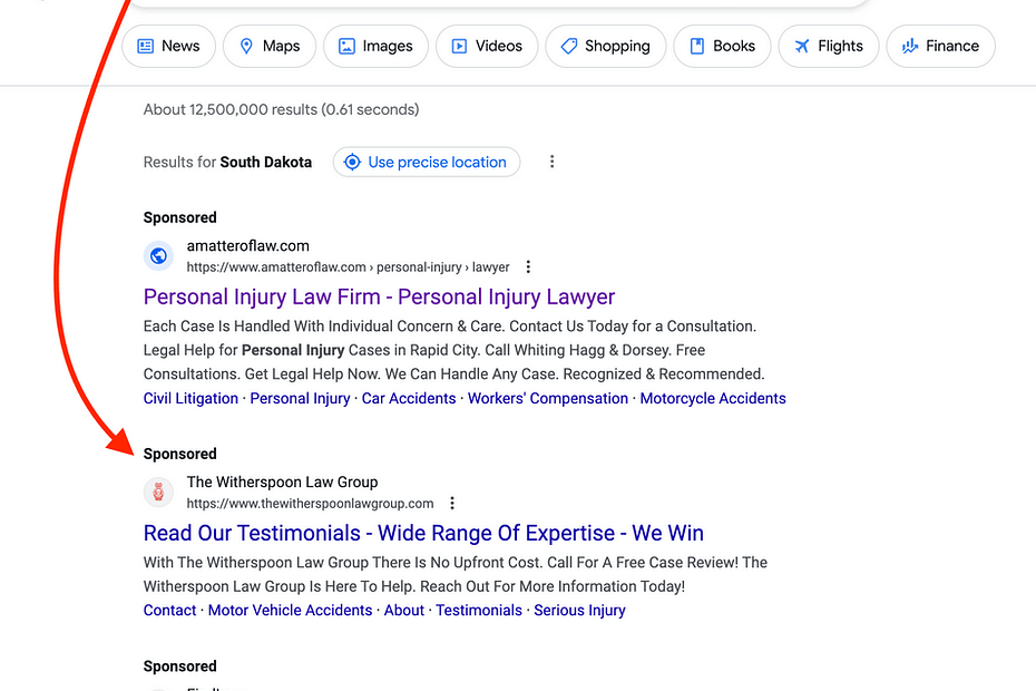 Witherspoon Law Group, a Florida based personal injury law firm, has ads showing for irrelevant searches. Pictured is their ad for the search "South Dakota Personal Injury Lawyer".