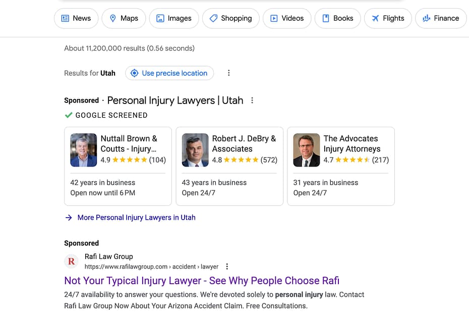 Rafi Law Group, an Arizona based personal injury law firm, has ads showing for irrelevant searches. Pictured is their ad for the search "Utah Personal Injury Lawyer".