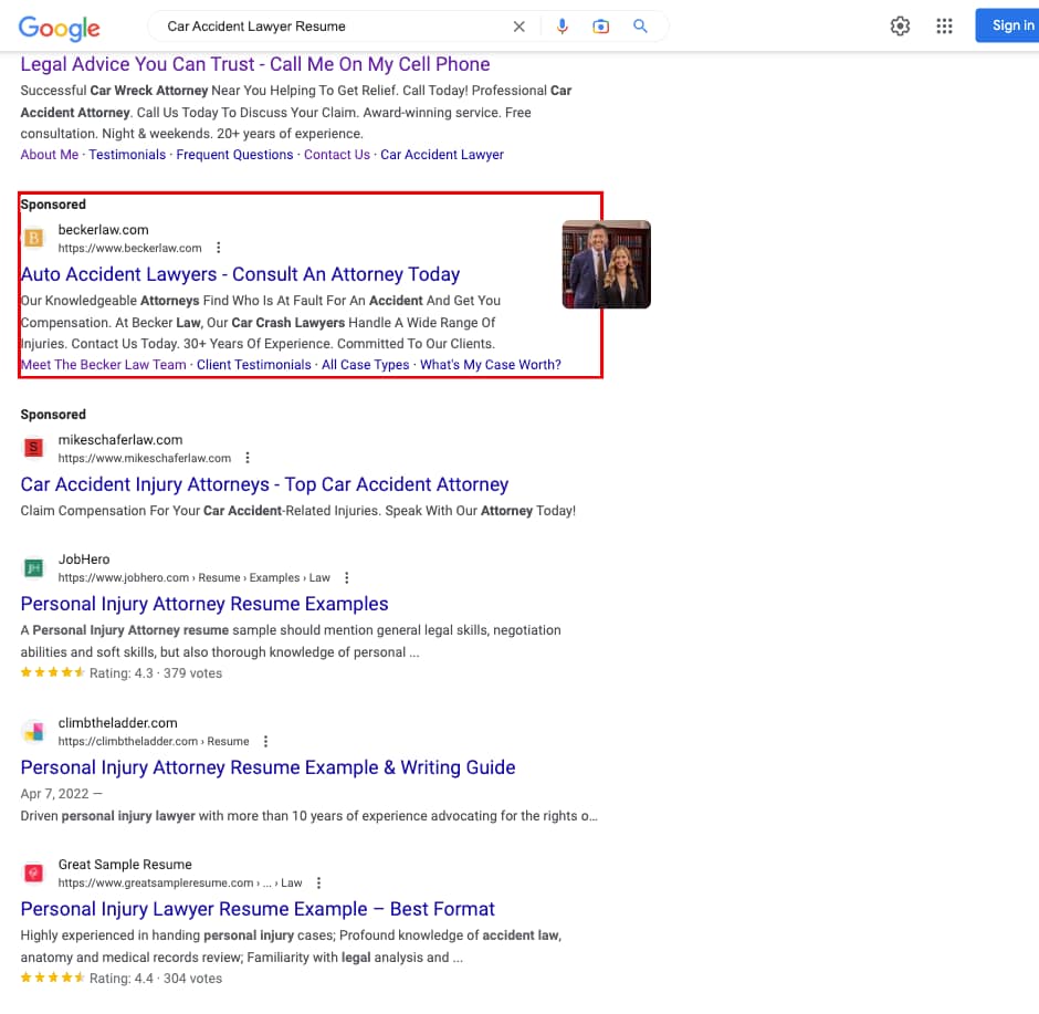 Becker Law Office, a Kentucky based personal injury law firm, has ads showing for irrelevant searches. Pictured is their ad for the search "Car Accident Lawyer Resume".