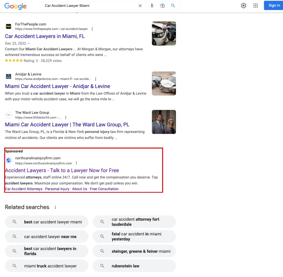 Marcari, Russotto, Spencer & Balaban, a North Carolina based personal injury law firm, has ads showing for irrelevant searches. Pictured is their ad for the search "Car Accident Lawyer Miami".