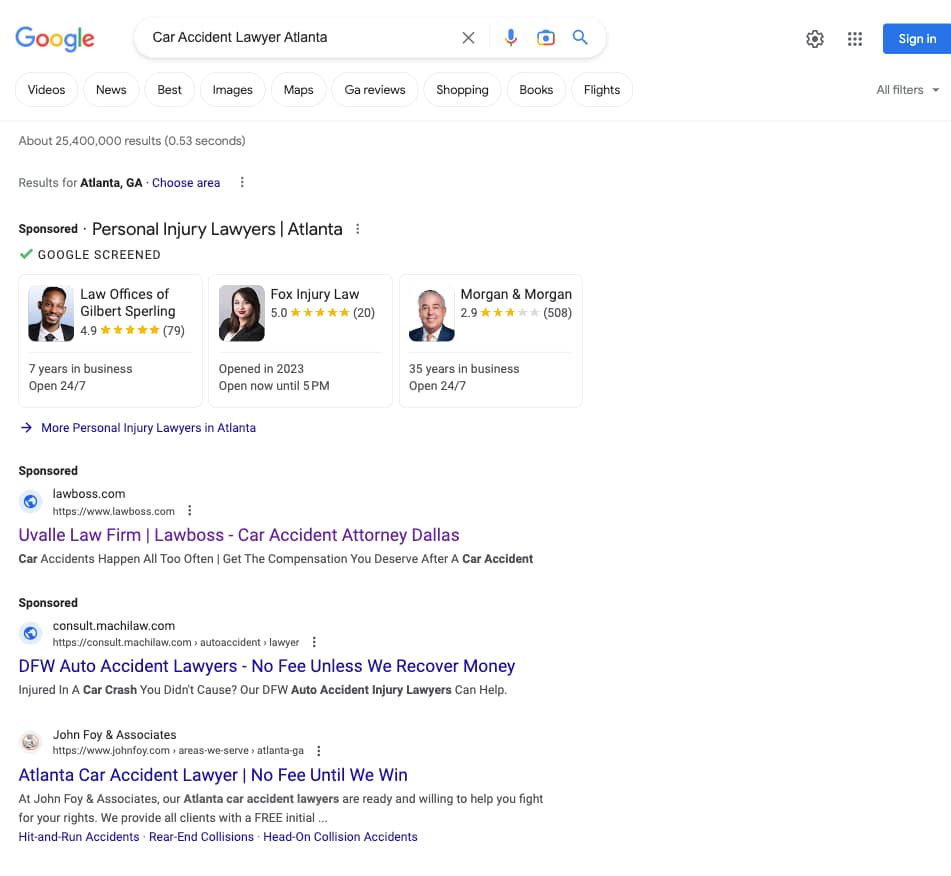 Lawboss - Uvalle Law Firm, a Texas based law firm, has ads showing for irrelevant searches. Pictured is their ad in a search for "Car Accident Lawyer Atlanta".