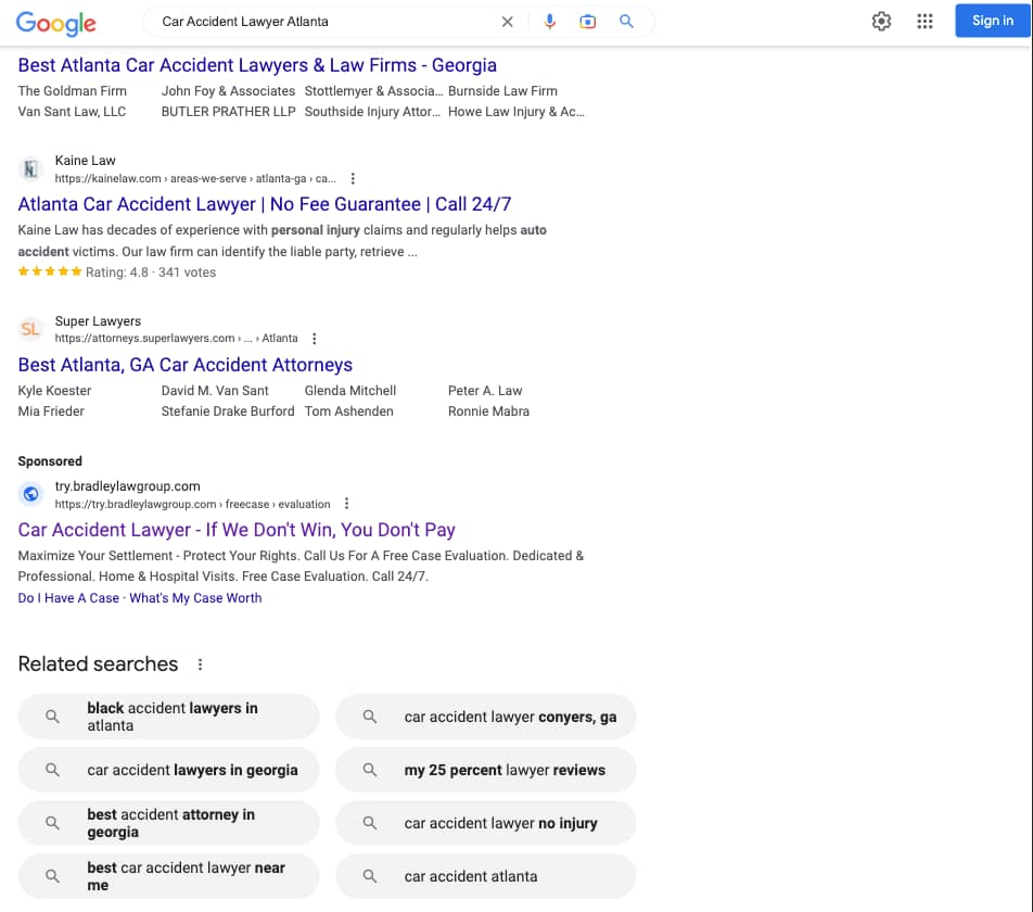 Bradley Law Group, a North Carolina based personal injury law firm, has ads showing for irrelevant searches. Pictured is their ad for the search "Car Accident Lawyer Atlanta".