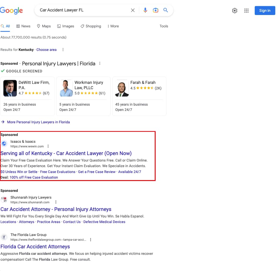 Isaacs & Isaacs, a Kentucky based personal injury law firm, has ads showing for irrelevant searches. Pictured is their ad for the search "Car Accident Lawyer FL".