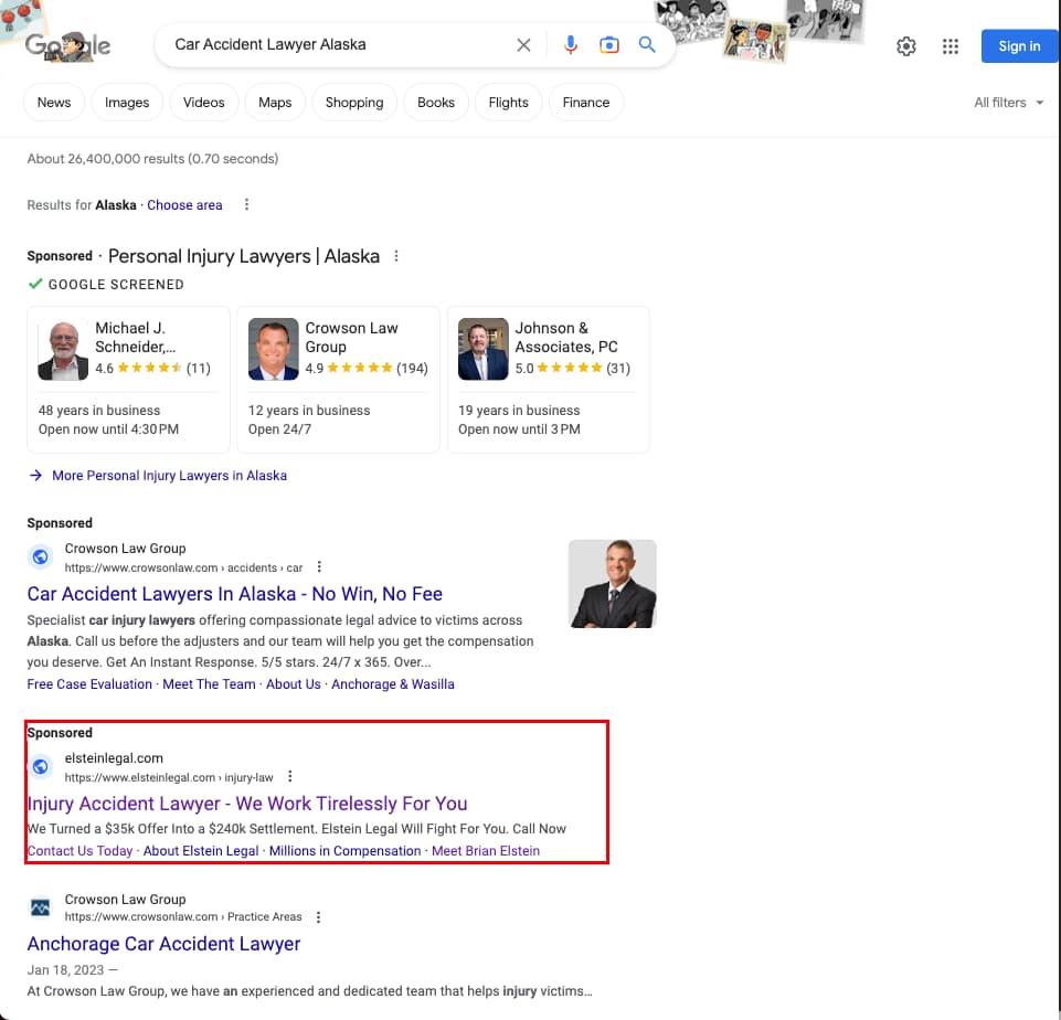 Elstein Legal, a Florida based personal injury law firm, has ads showing for irrelevant searches. Pictured is their ad for the search "Car Accident Lawyer Alaska".