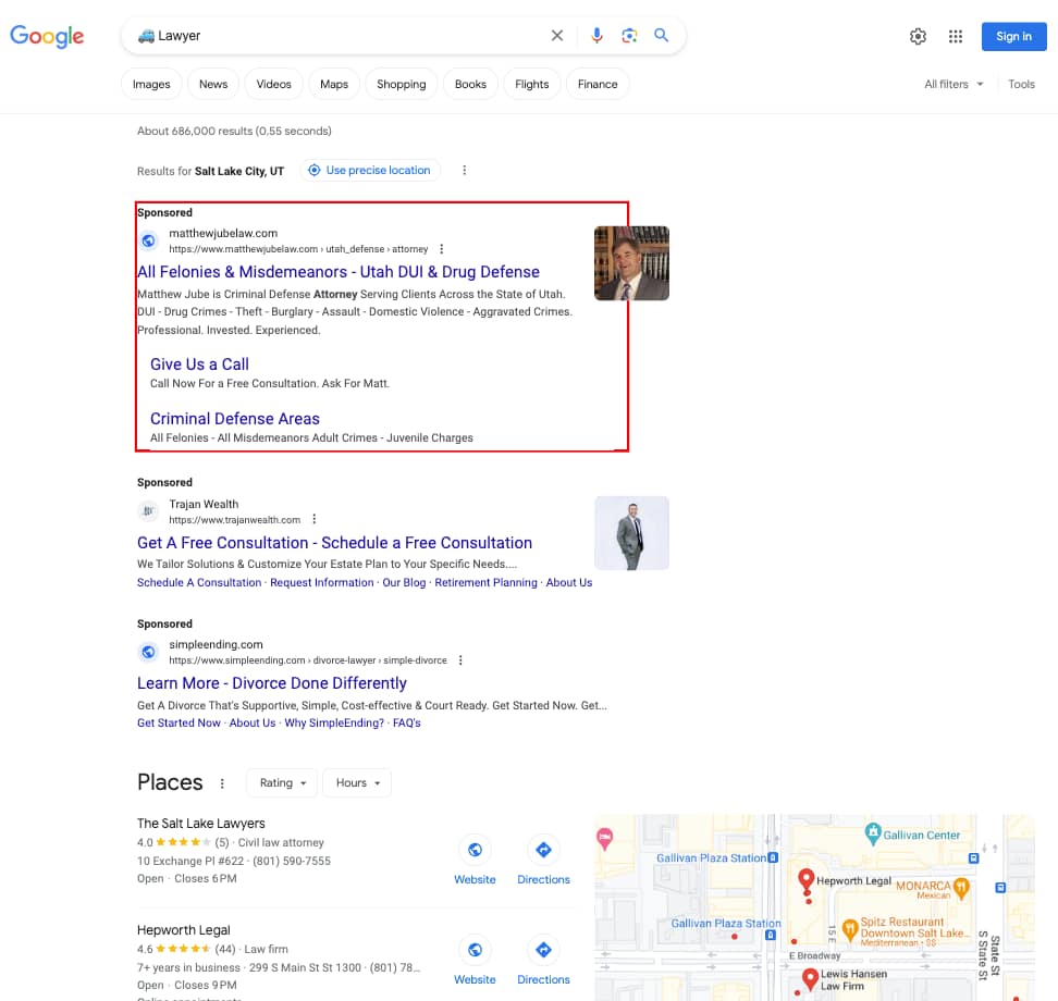Matthew Jube, a Utah based personal injury law firm, has ads showing for irrelevant searches. Pictured is their ad for the search “🚙 Lawyer”.