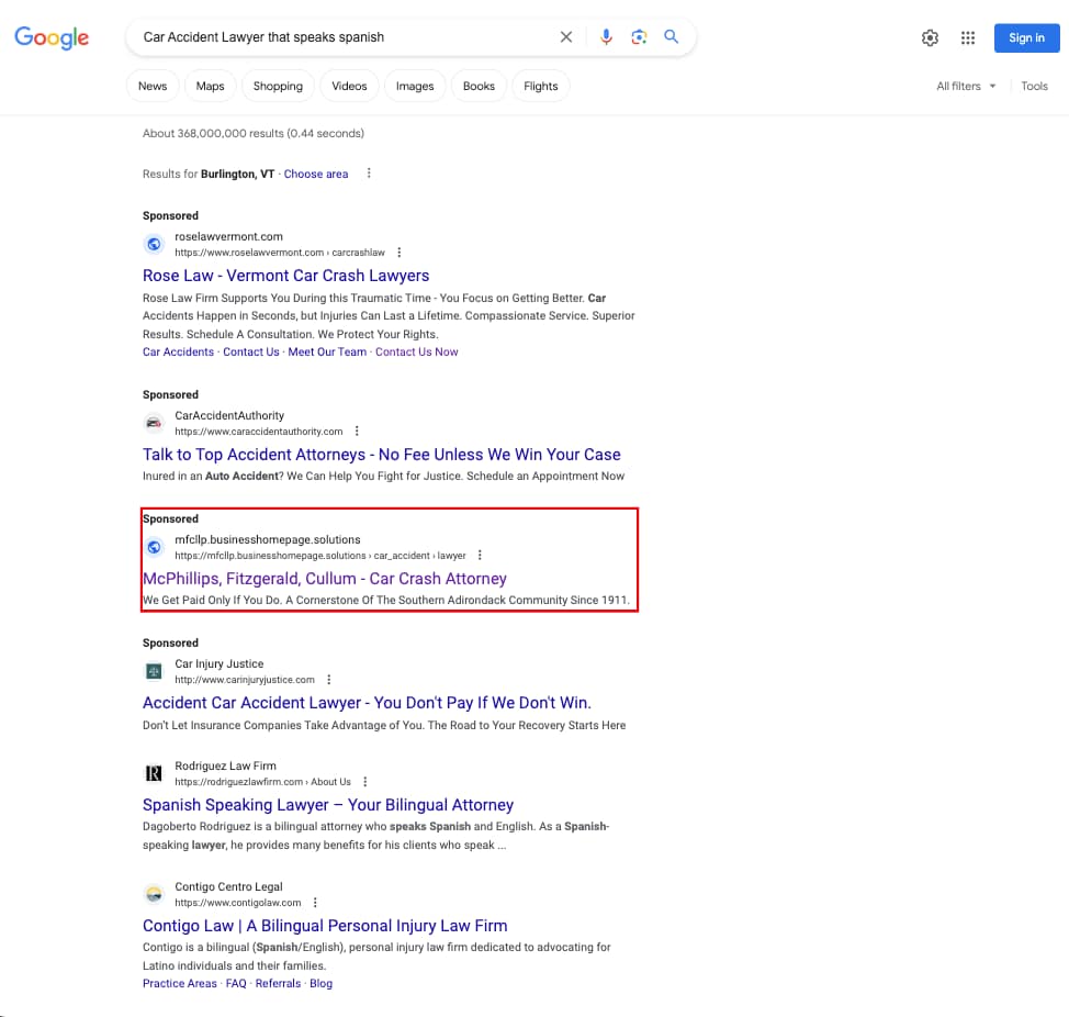 McPhillips, Fitzgerald & Cullum, a New York based personal injury law firm, has ads showing for irrelevant searches. Pictured is their ad for the search "Car Accident Lawyer That Speaks Spanish".